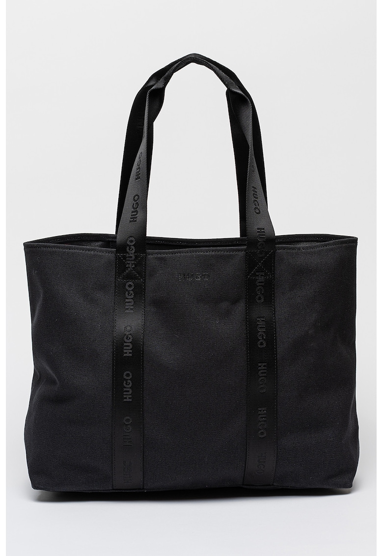 Geanta shopper din material textil cu fermoar si logo discret - Negru
