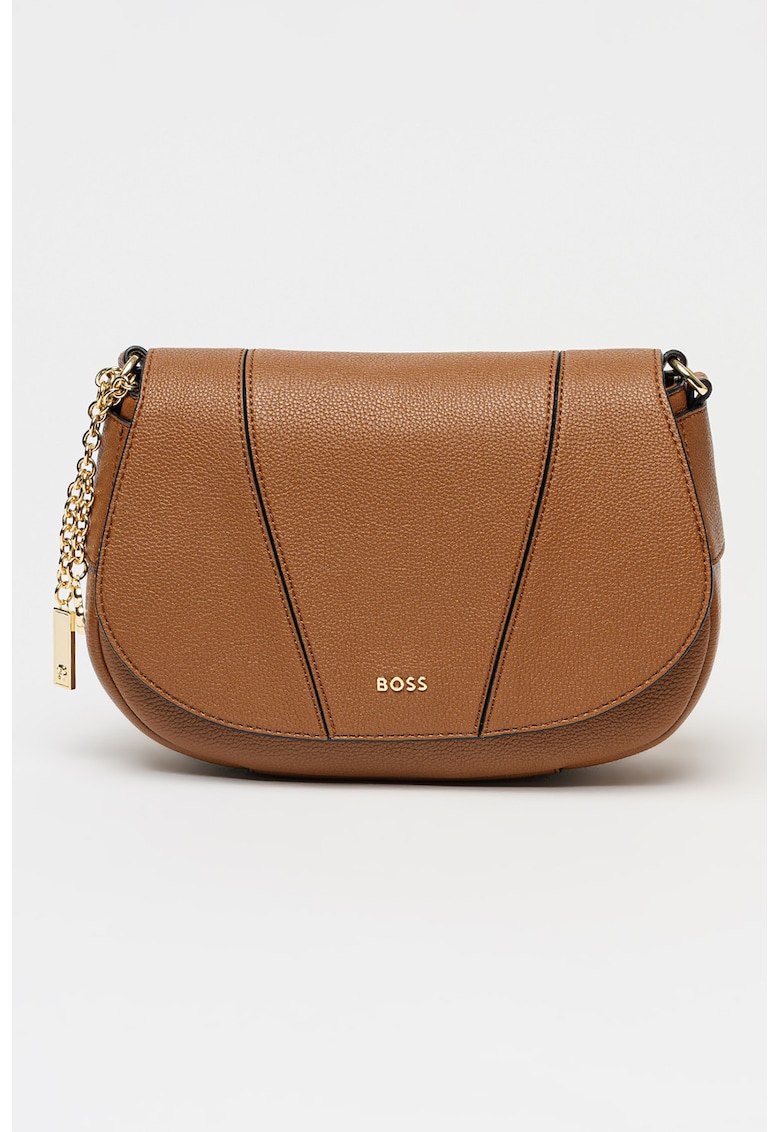 Geanta crossbody din piele ecologica cu clapa si detaliu cu lant Salley - Maro