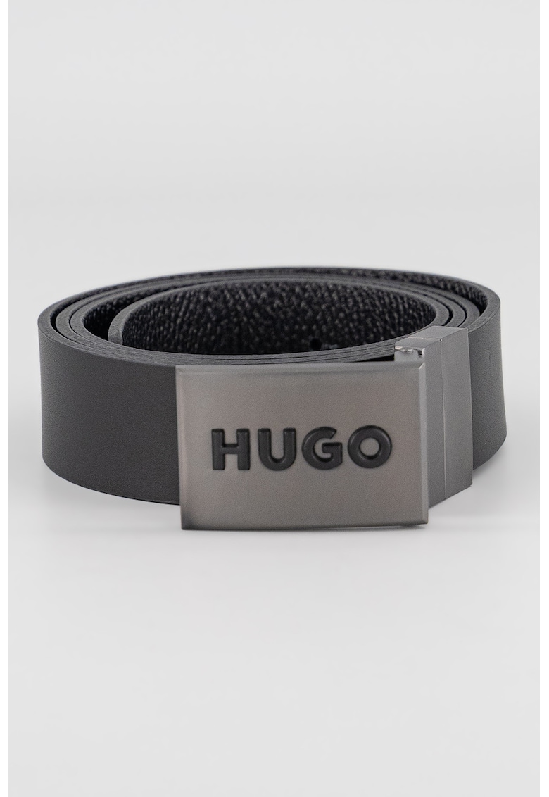 Curea din piele cu catarama cu placuta logo - Negru