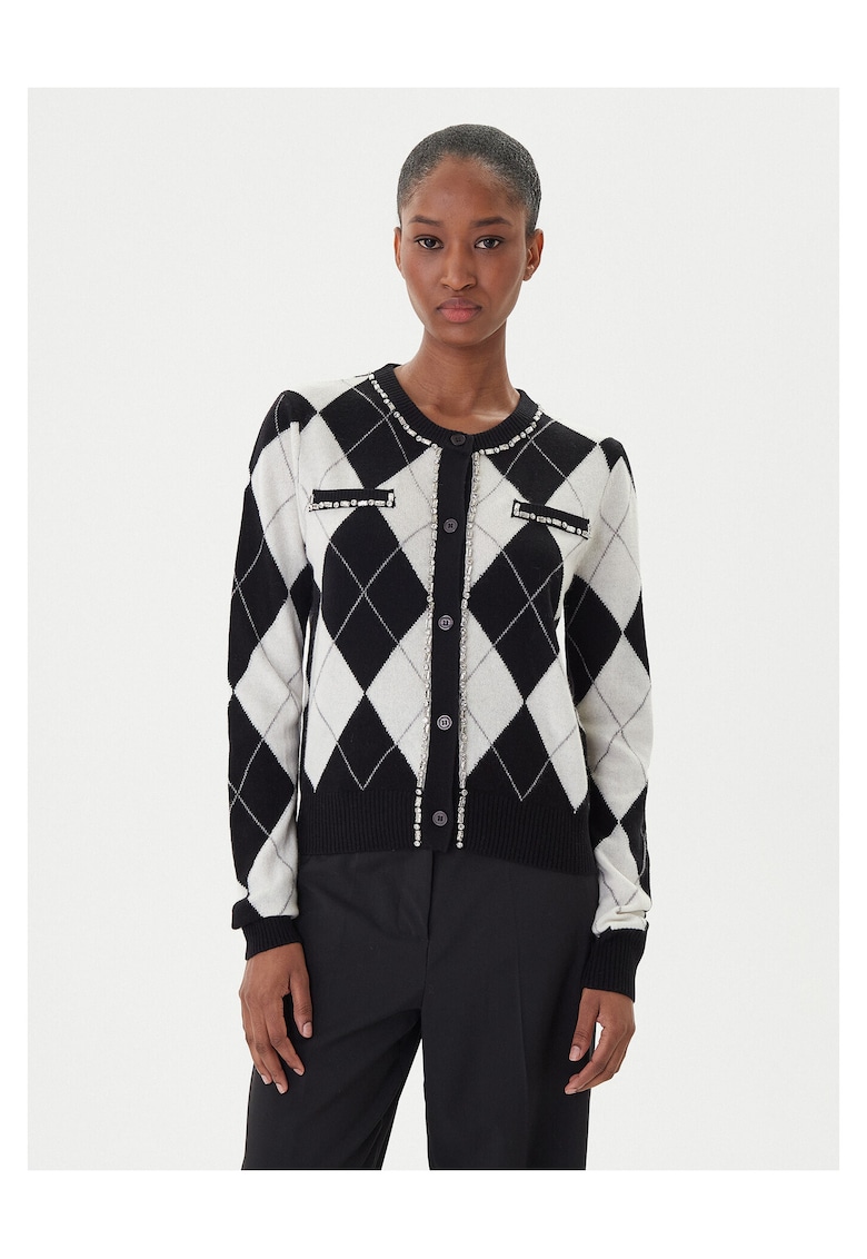 Cardigan dama negru - alb - material tricotat