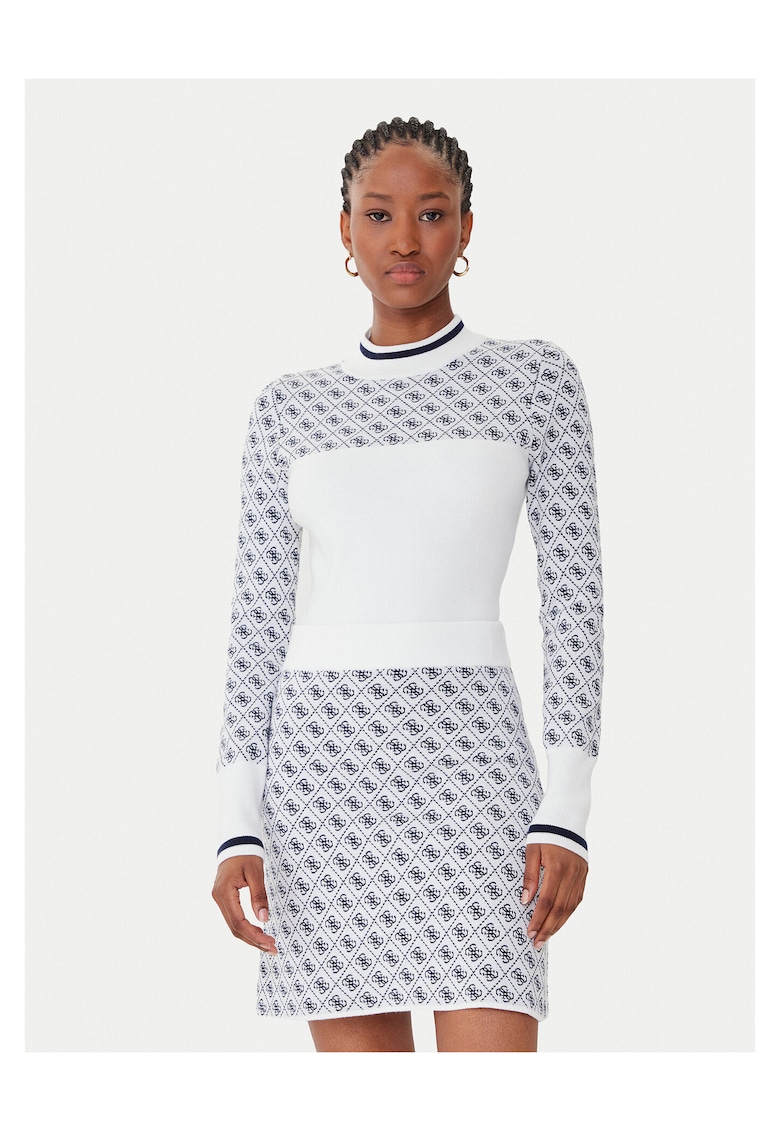 Pulover dama ecru - alb si albastru - material tricotat