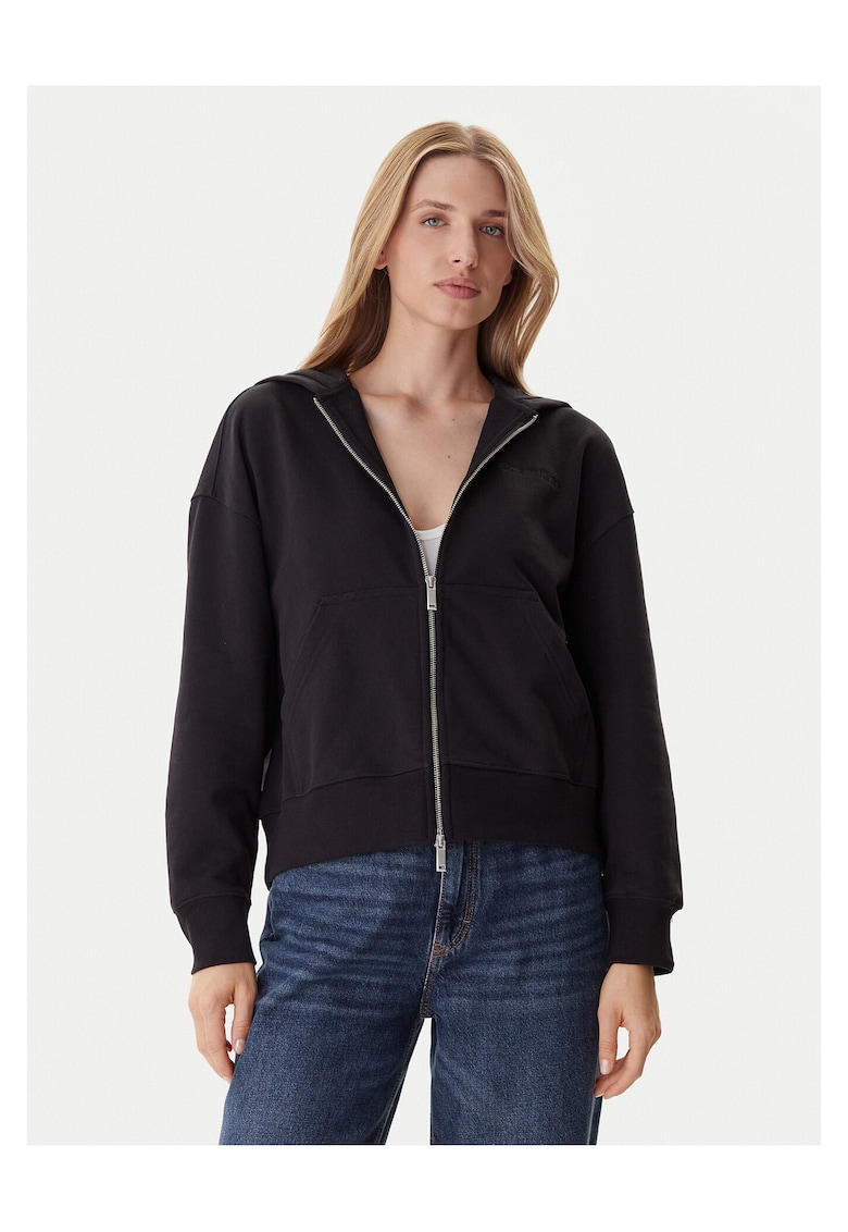 Hanorac dama negru - textil - cu gluga si fermoar