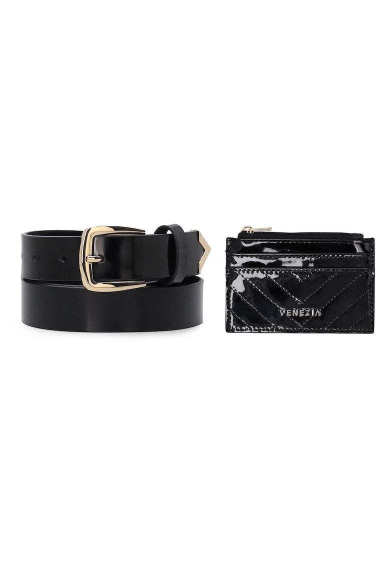 Set de curea si portcard din piele lacuita -