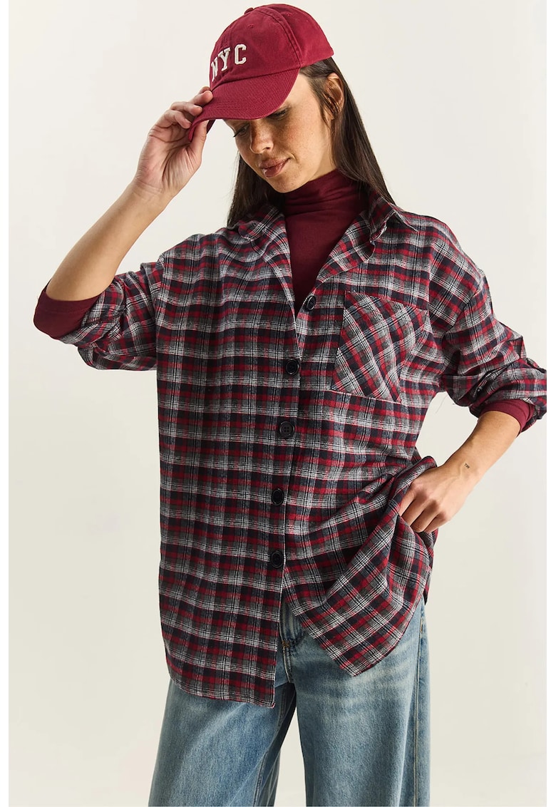 Camasa poplin supradimensionata - carouri - rosu - bumbac - One Size