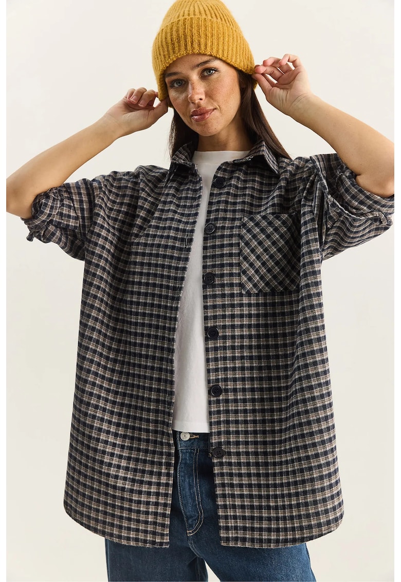 Camasa poplin supradimensionata - carouri - albastru - bumbac - One Size