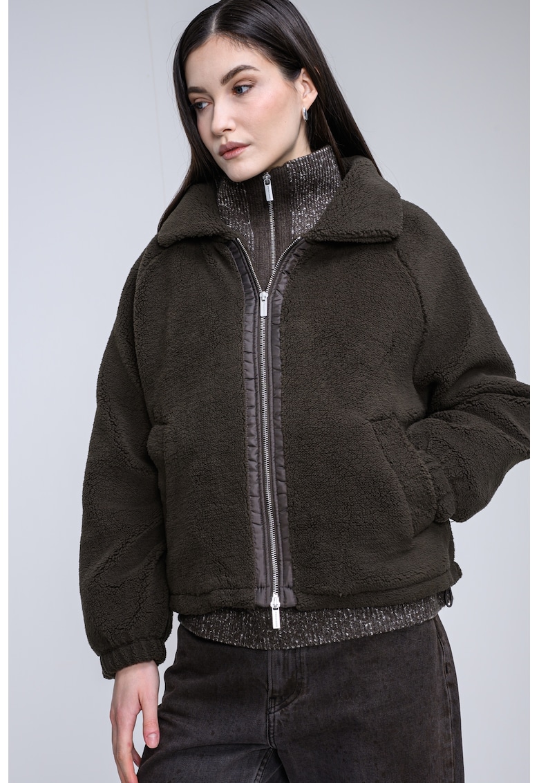 Jacheta din material teddy cu fermoar si terminatie ajustabila