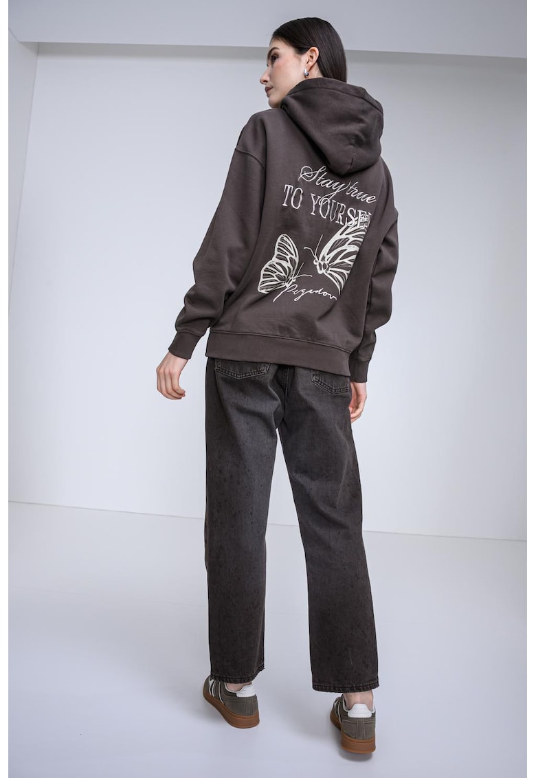 Hanorac cu imprimeu si maneci cazute - Maro inchis