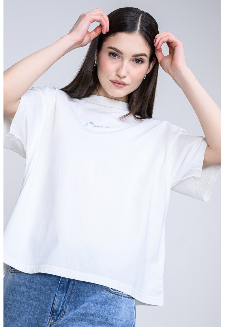 Tricou de bumbac cu imprimeu - Albastru glaciar/Alb murdar