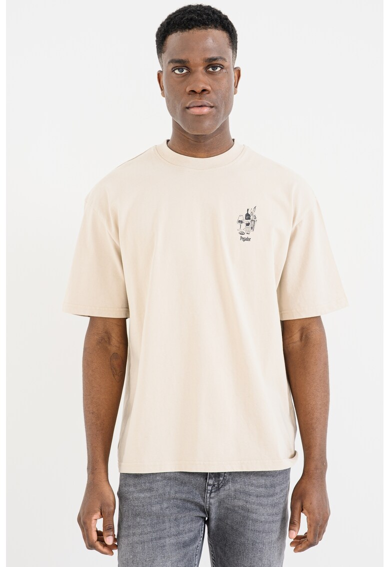 Tricou cu imprimeu si decolteu la baza gatului - Crem