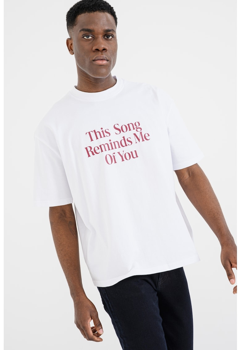 Tricou de bumbac cu imprimeu text - Visiniu/Alb optic