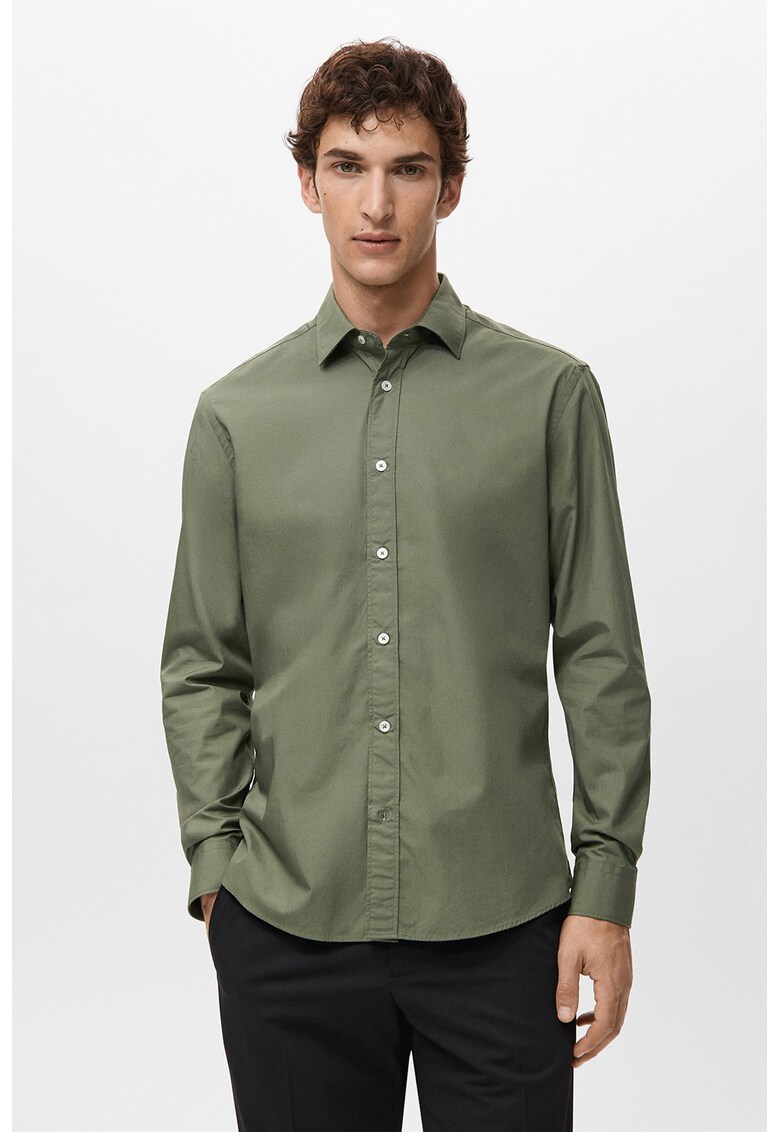 Camasa uni din bumbac cu mansete cu nasturi - Verde masliniu