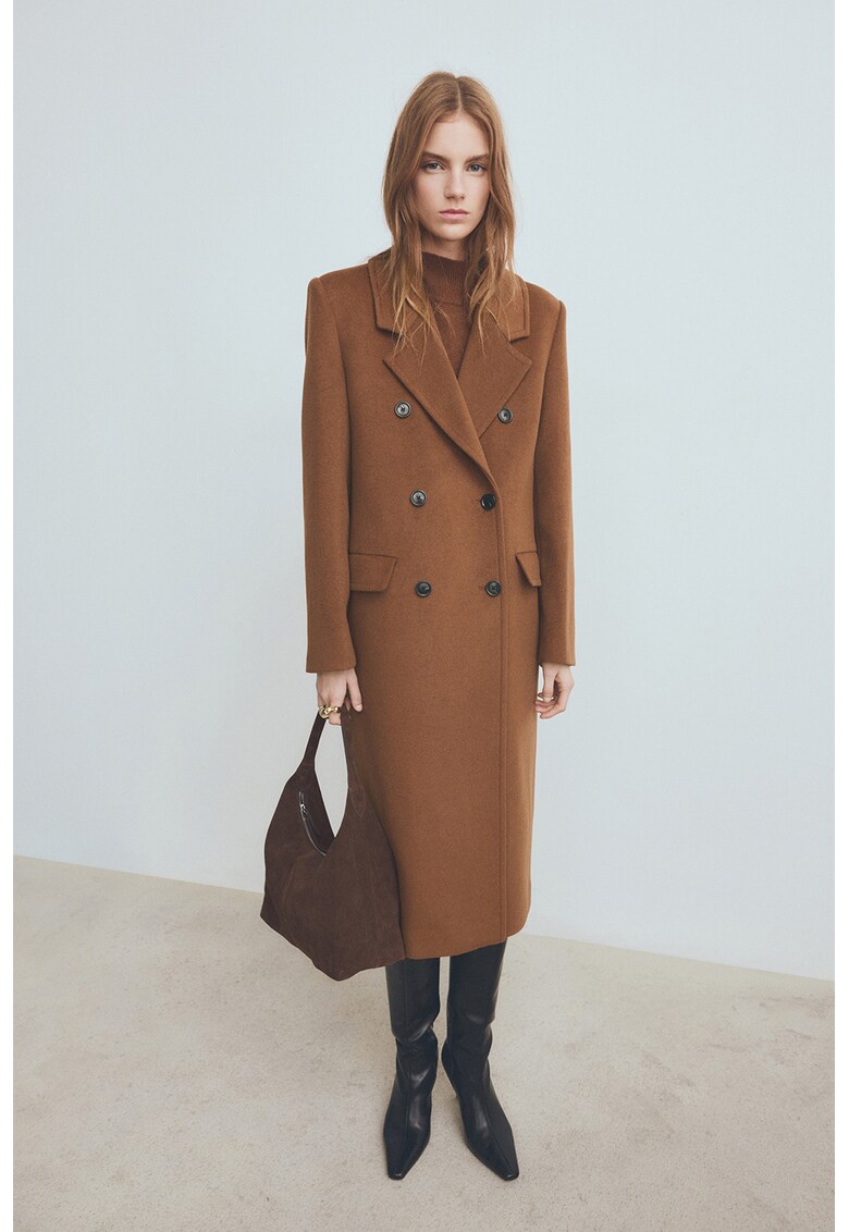 Palton din lana cu doua randuri de nasturi - Maro scortisoara