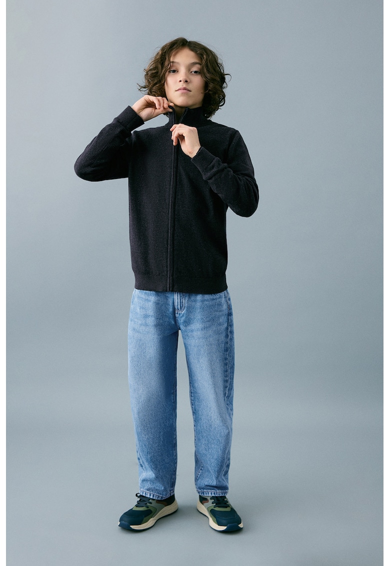 Bluza de trening cu fermoar si guler mediu - Negru melange