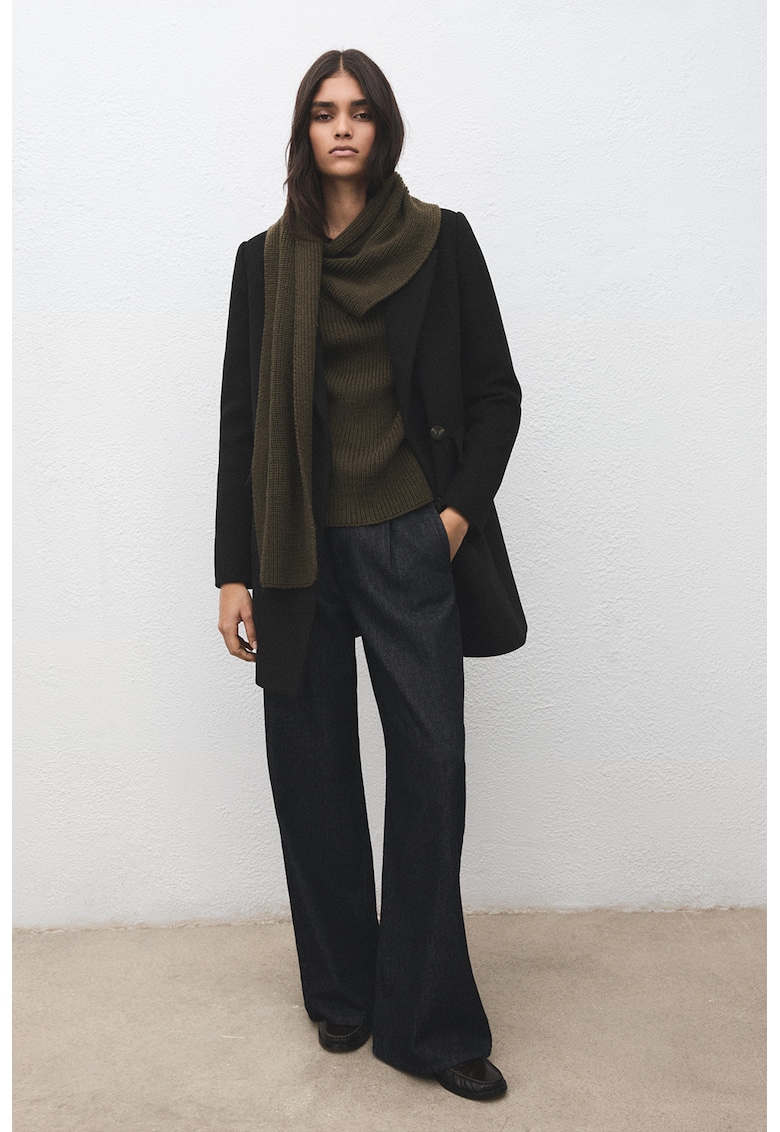 Palton lung din amestec de lana cu revere decupate si doua randuri de nasturi - Negru