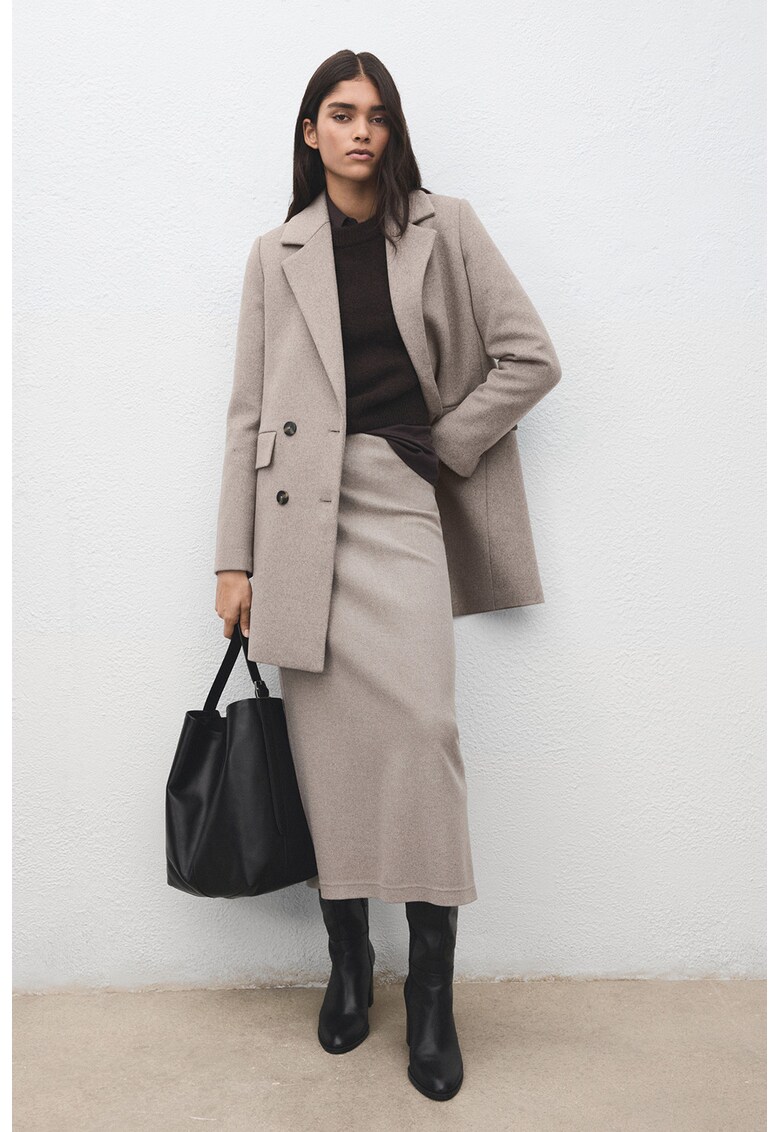 Trenci din amestec de lana cu nasturi - Maro nisip