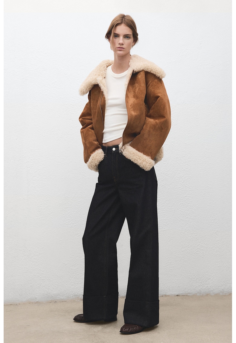 Geaca din blana shearling sintetics cu fernoar - Caramel