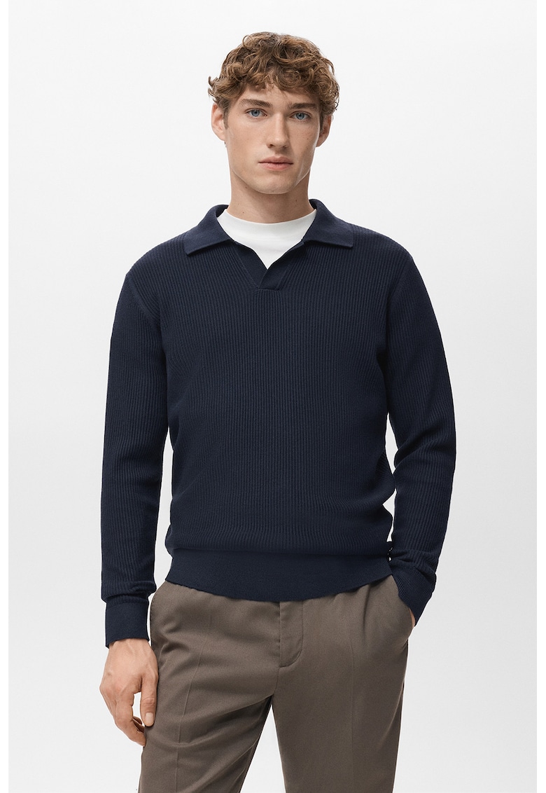 Pulover polo striat din tricot - Albastru ultramarin