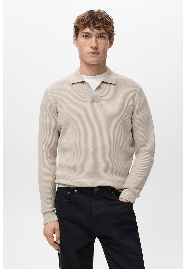 Pulover polo striat din tricot - Maro nisip