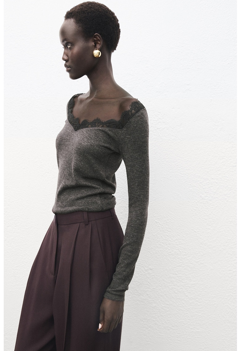 Bluza slim fit cu decolteu in V si insertie de dantela - Gri inchis melange