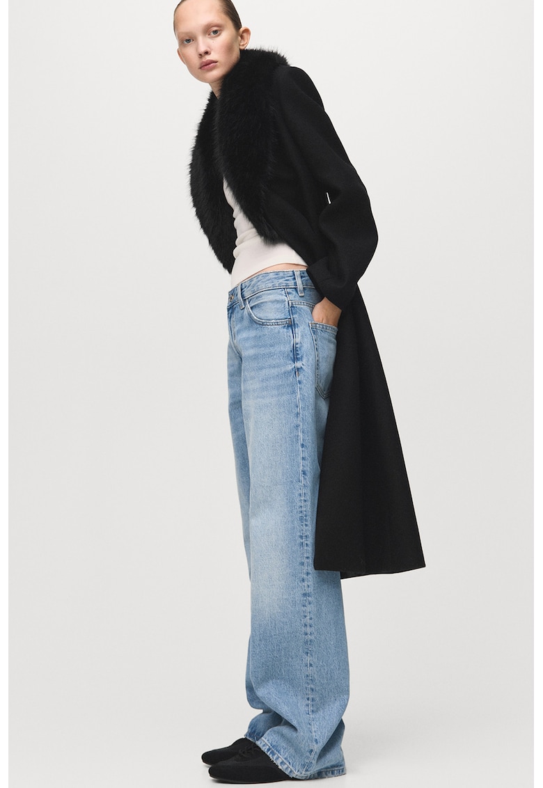 Trenci lung din amestec de lana cu garnitura de blana sintetica - Negru