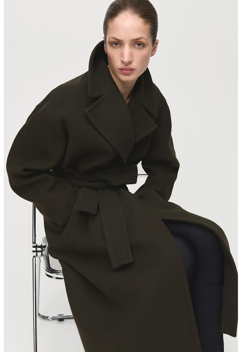 Palton lung din amestec de lana cu guler inalt - Kaki inchis