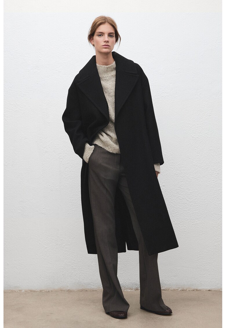 Palton din amestec de lana cu cordon - Negru