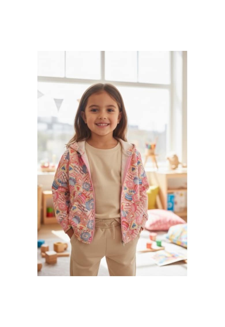 Hanorac fetita din fleece de iarna cu imprimeu colorat all-over si gluga - Multicolor