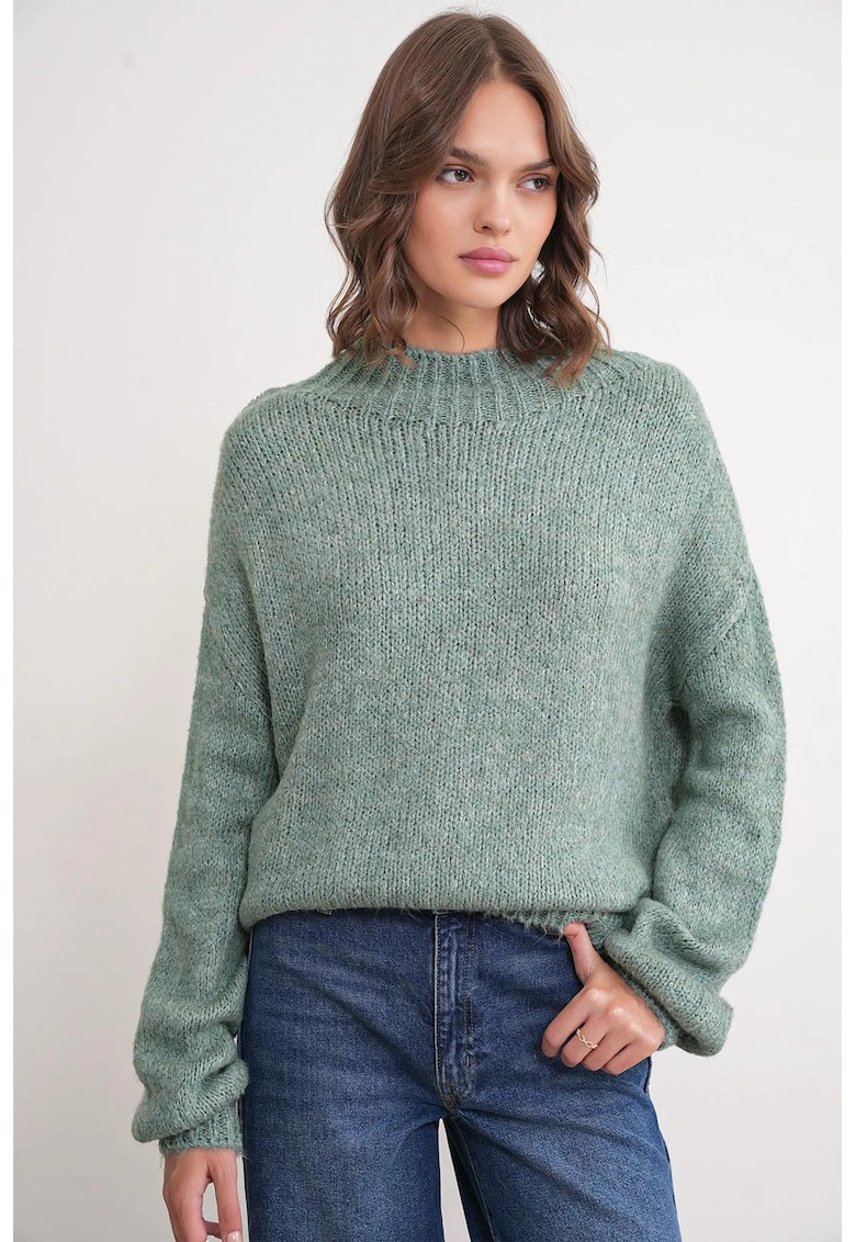 Pulover gros tricotat - croiala relaxata - verde salvie - tricot - One Size