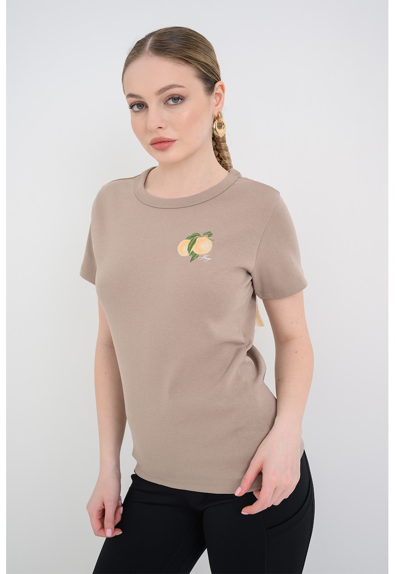 Tricou regular fit cu imprimeu discret pe piept Deloris - Maro deschis