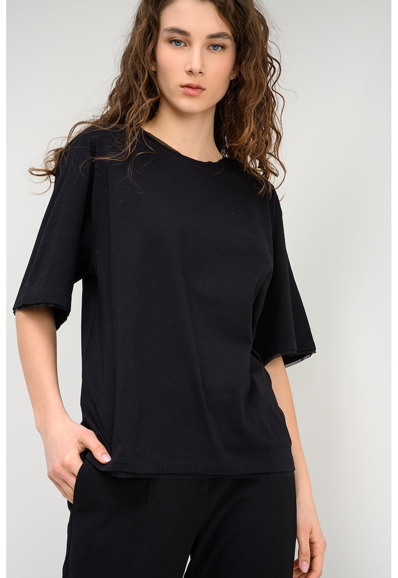 Tricou lejer din bumbac cu model uni - Negru