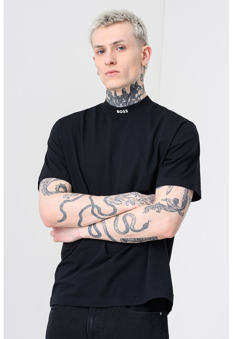 Tricou relaxed fit cu guler scurt - Negru