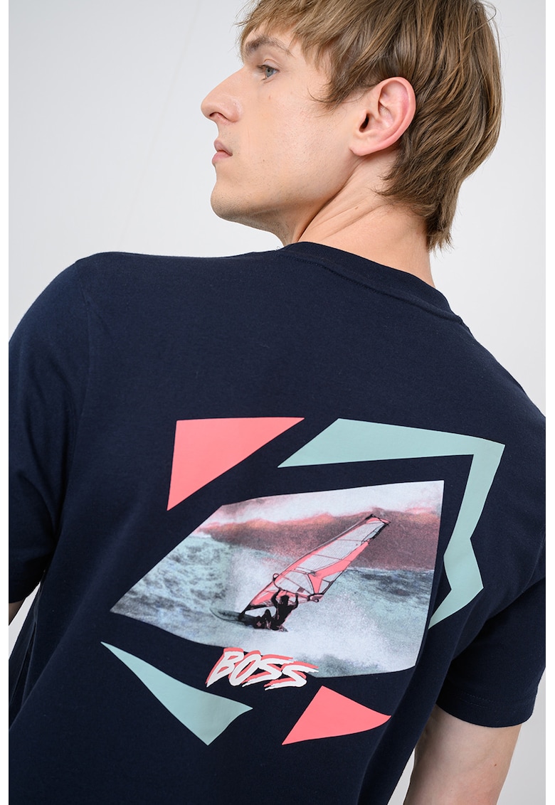 Tricou cu logo si decolteu la baza gatului Movement - Albastru ultramarin