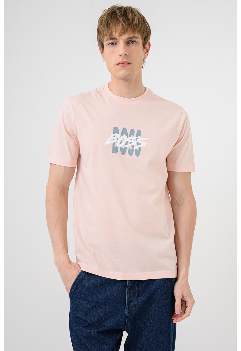 Tricou de bumbac cu imprimeu logo - Nude rose