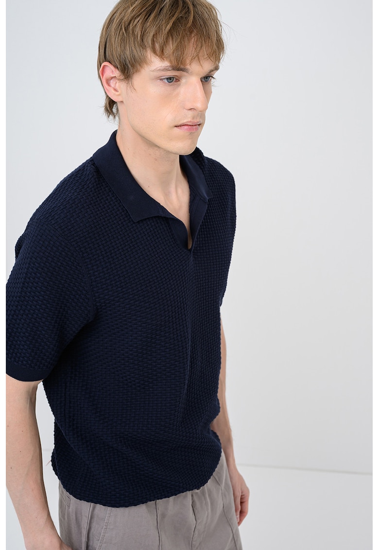 Tricou polo tricotat cu aspect texturat Natalo - Albastru ultramarin