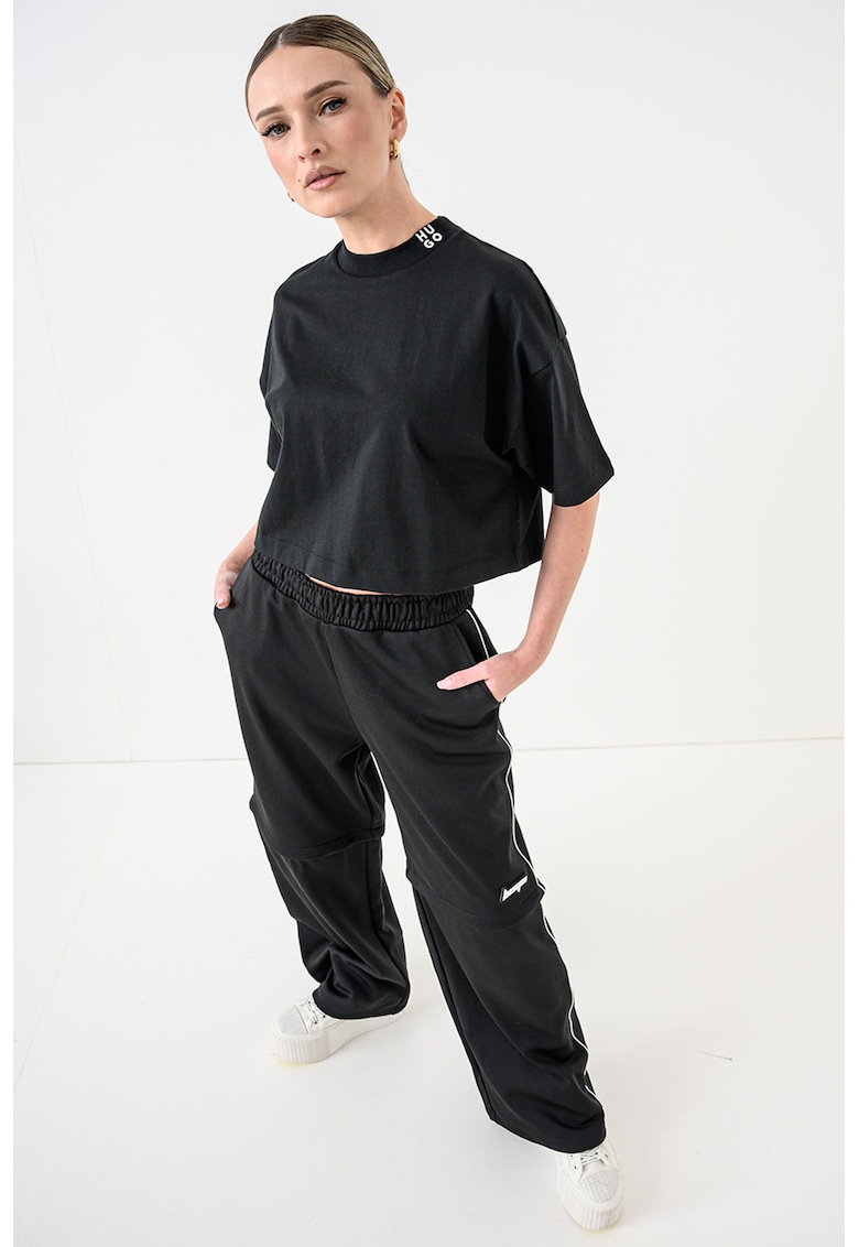 Tricou crop de bumbac cu maneci cazute - Negru