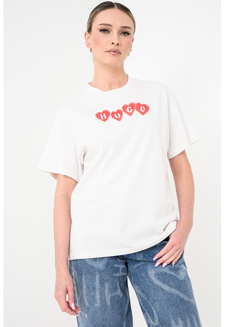 Tricou de bumbac cu logo - Rosu/Alb murdar