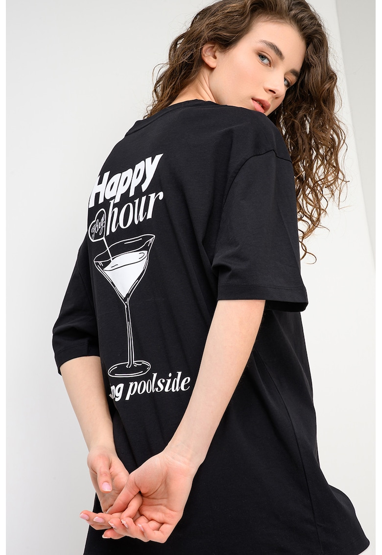 Tricou supradimensionat cu decolteu la baza gatului - Negru stins/Alb optic