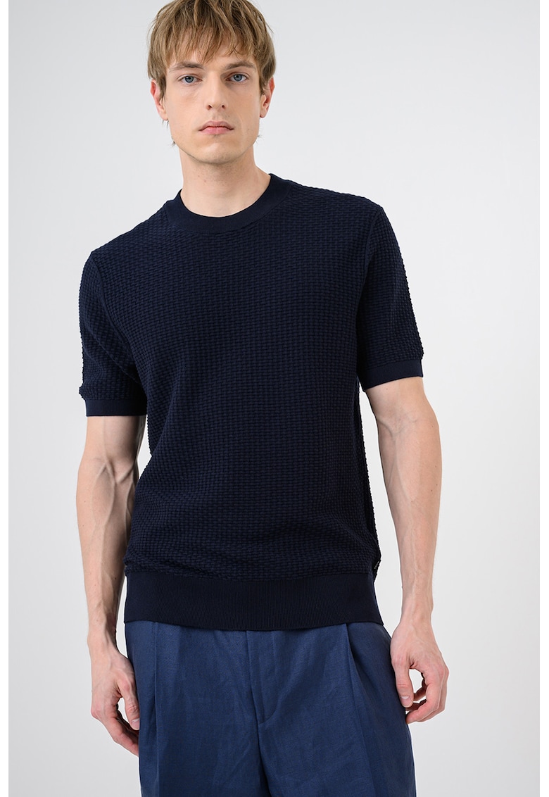 Tricou cu decolteu la baza gatului si aspect texturat Nilton - Albastru ultramarin