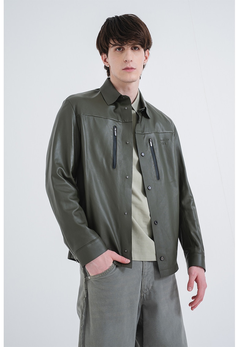 Jacheta de piele cu inchidere cu capsa - Kaki inchis