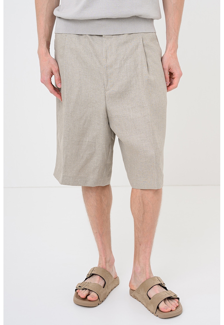Pantaloni scurti relaxed fit din in cu pliuri frontale Felino - Maro camel