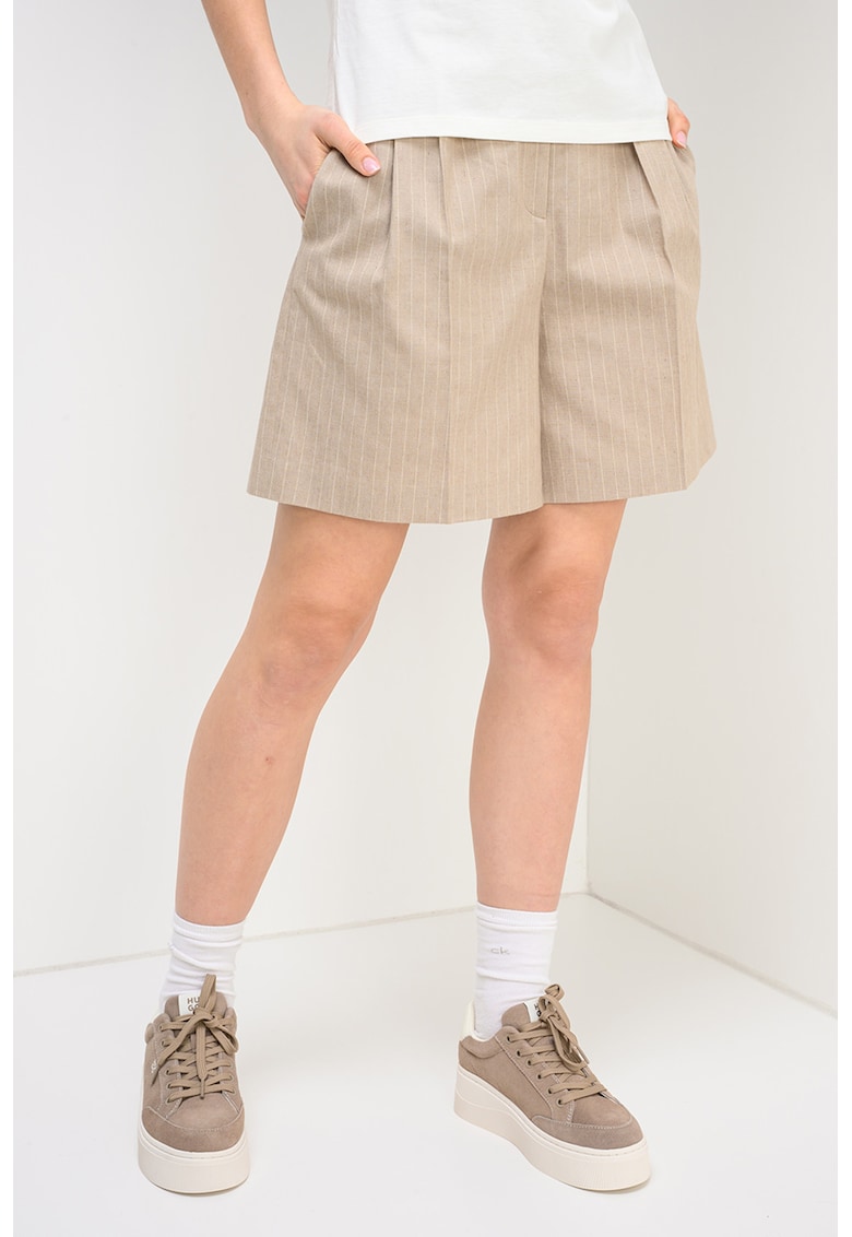 Pantaloni chino scurti din amestec de in cu model in dungi - Maro taupe deschis
