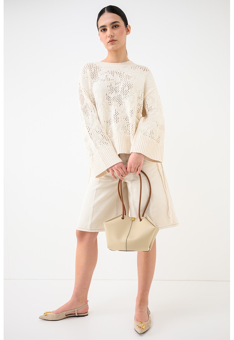 Pulover cu perforatii si maneci cazute - Alb optic