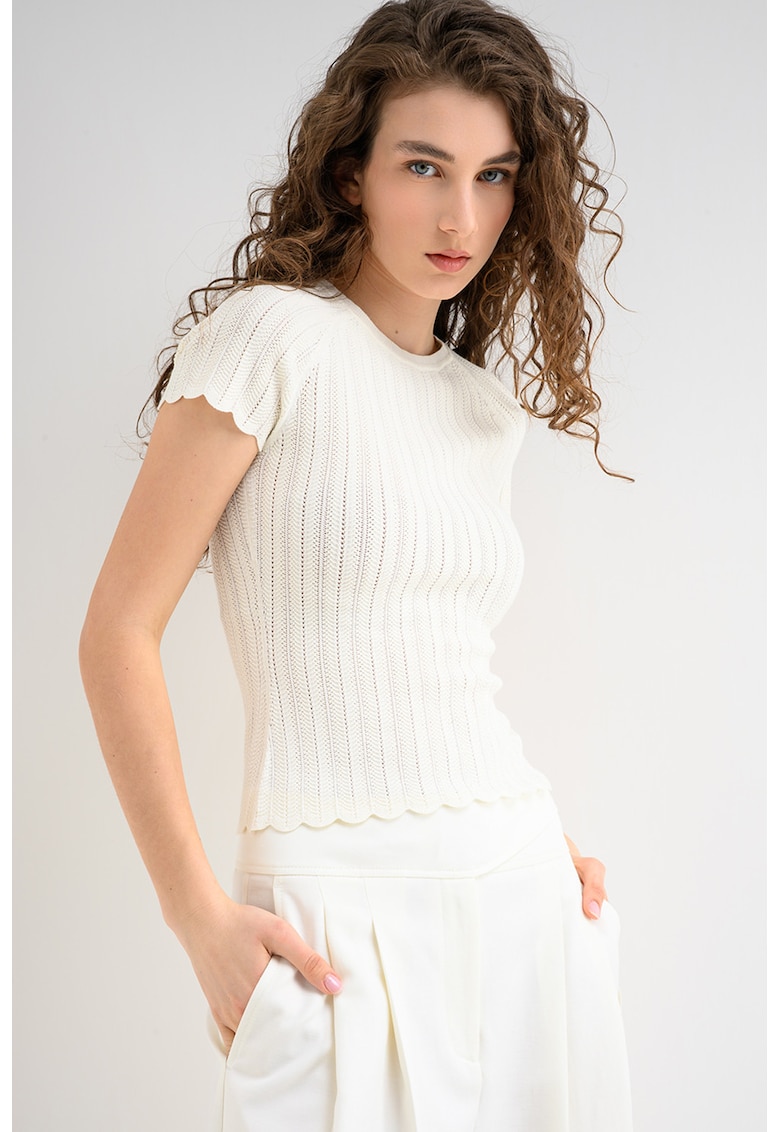 Bluza cu maneci scurte si model pointelle - Alb murdar