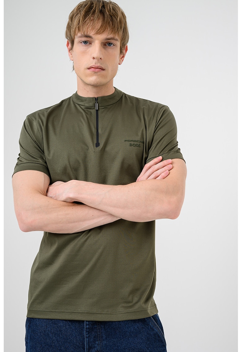 Tricou de bumbac cu fenta cu fermoar - Verde padure