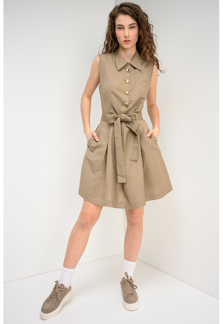 Rochie mini evazata din amestec de in cu nasturi decorativi - Maro taupe