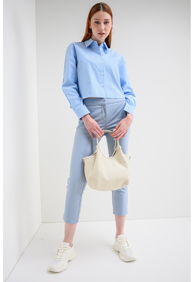 Camasa crop cu model in dungi Norlina - Alb/Albastru pastel