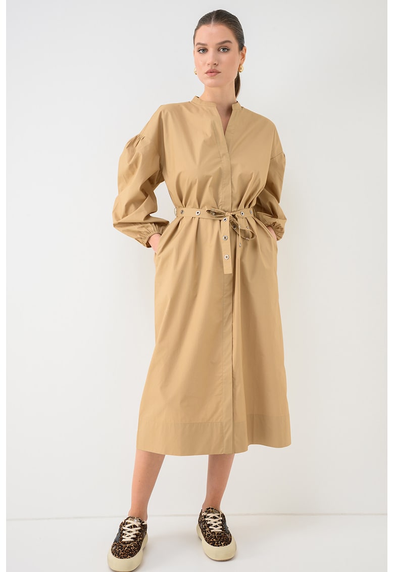 Rochie midi cu maneci bufante - Maro nisip