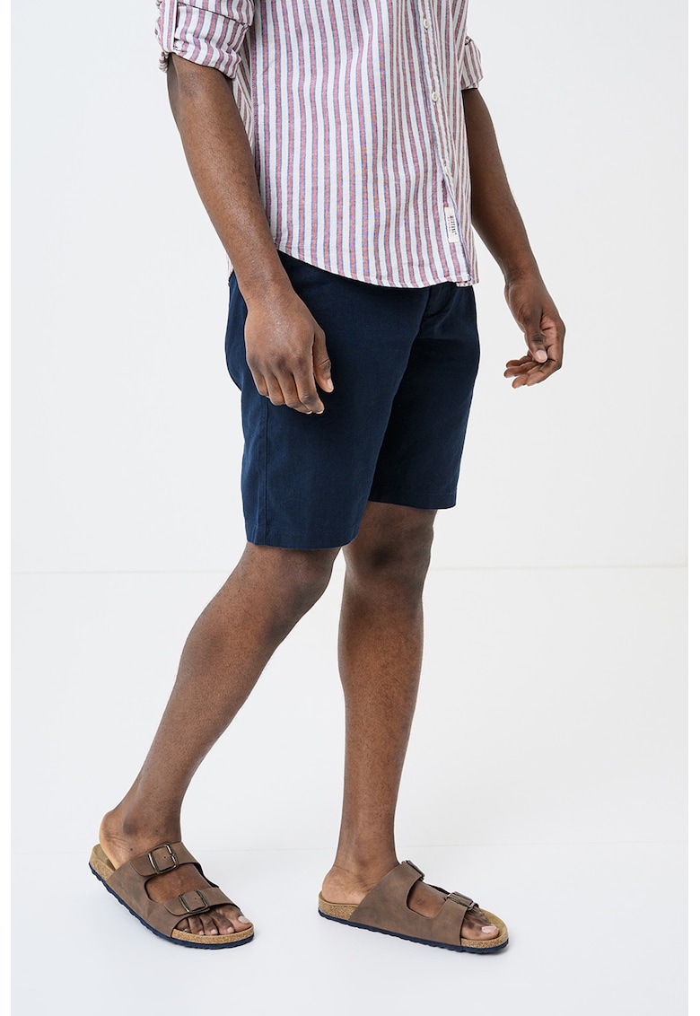 Pantaloni scurti din amestec de in cu snur - Bleumarin