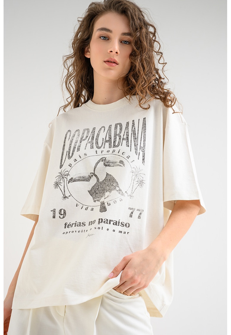Tricou lejer cu text - Alb fildes/Negru