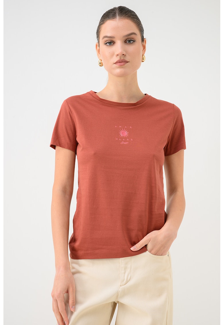 Tricou de bumbac cu decolteu la baza gatului Elove - Caramiziu